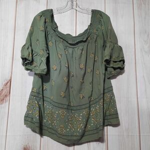 Boho Green Floral Ruffle Sleeve Off Shoulder‎ Blouse Peasant Top